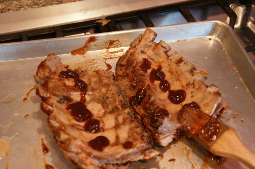 Coat both sides of meat if using baby back ribs.