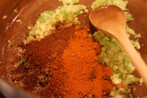 I was lazy and didn't measure these all out ahead of time, so I was foolishly trying to pour the ground spices as quickly as possible so the veg wouldn't burn...