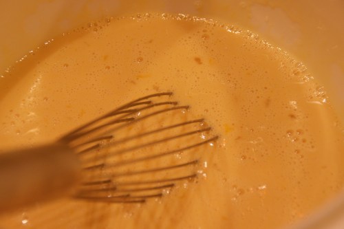 Make sure the yolks have been fully incorporated into the milks.