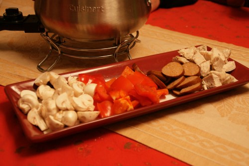 Shrooms, red peppers, turkey kielbasa, poached chicken breast cubes