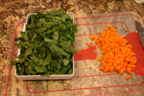 I use baby spinach which I slice, but you can leave the leaves whole, too.