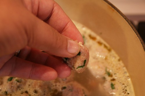 Keep your fingers close to the surface and let the meatballs roll off your fingertips-- you'll minimize the hot liquid splashing on you this way!!