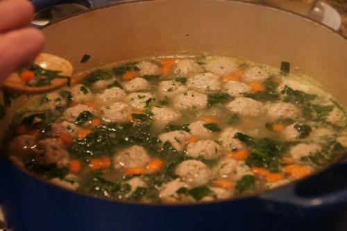 Soup is ready when spinach has cooked down, pasta is al dente