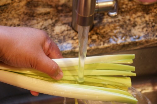 Use your fingers to separate the leek strips and remove any grit/dirt