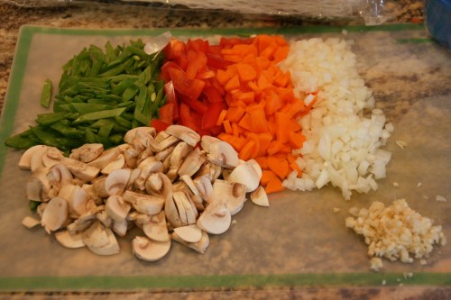 You can use any vegetables that are good for stir-fry, but the onion and garlic are required.