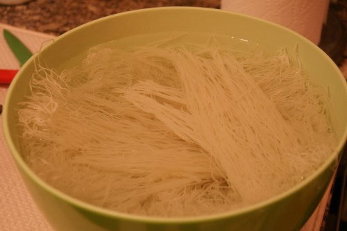 Use very hot water to soften these rice sticks