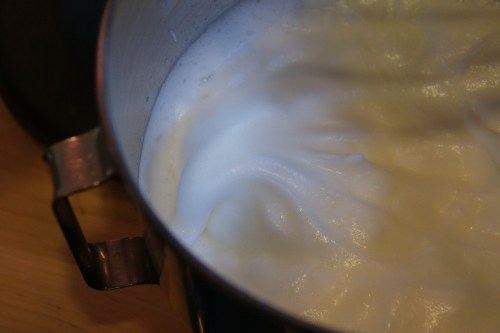 It's hard to see, but the peak of the egg white mound has flopped over-- that's a soft peak!