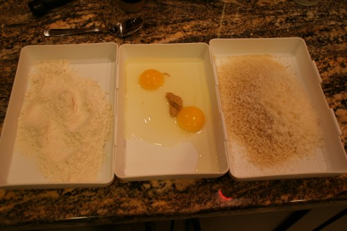 The classic dredge: flour, egg, crumbs...