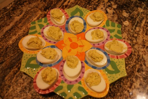 I love my egg plate!  Since these would be quickly devoured by Kurt, I didn't bother to be neat or to garnish...