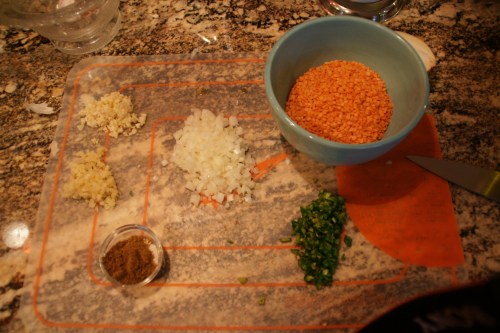 Ginger, garlic, onion, peppers and lentils