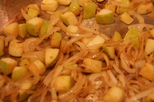 Let the onions and apples take on some color before adding the cider