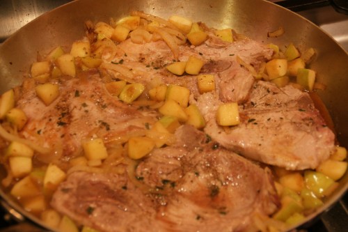 Nestle the chops among the apples and onions