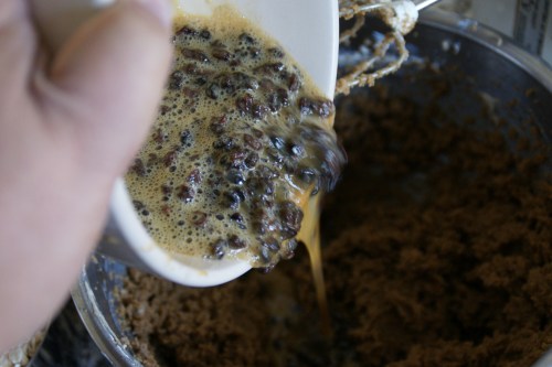 The currants have plumped and the egg mixture has become tinged with the currant color