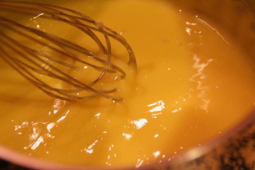 This is after the fourth yolk was added; it looks like a custard base now!