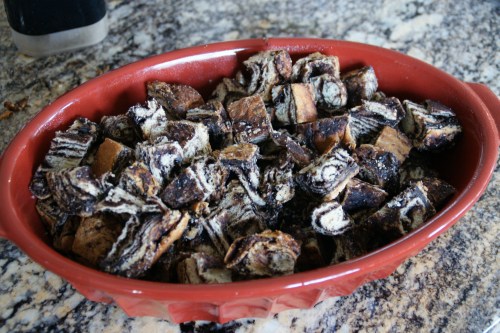 Make sure all pieces have been coated with the custard.