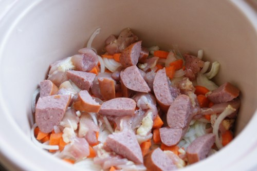 Onions, carrots, chicken, sausage...
