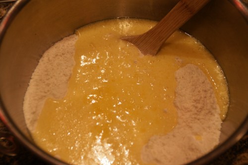 Pour wet into dry; do not over-mix!