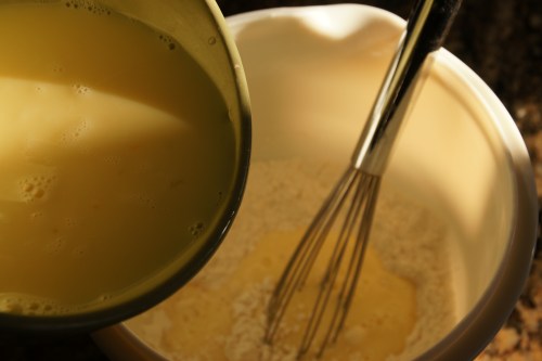 No need to beat the liquid in gradually, just dump it all in and whisk away!