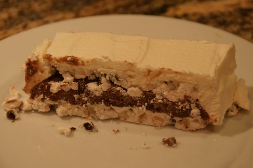 The texture is fabulous-- crunch meringue and tiny chips contrast with the whipped topping and ice cream!  YUM.