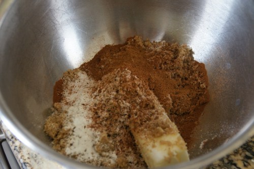 Not sure why the spices and leavening go in here instead of with the flour...