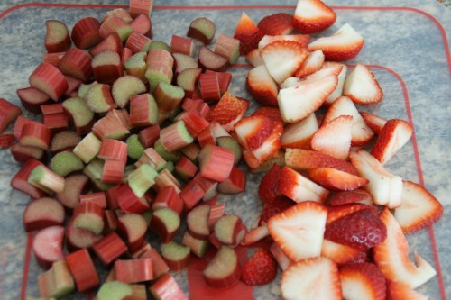 I used equal amounts of rhubarb and strawberries