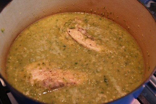 Chicken breasts are partially submerged in the liquid