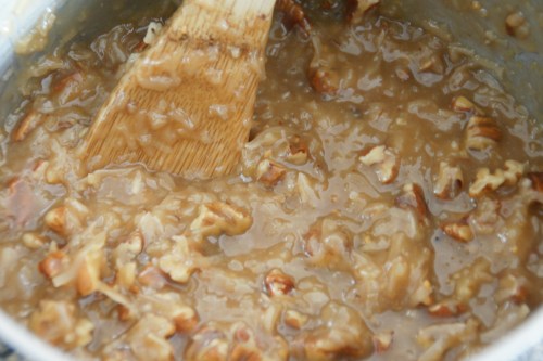 Since it's very hot, the frosting will seem thin.  Beat it a bit with a wooden spoon then let it cool.  It will thicken!