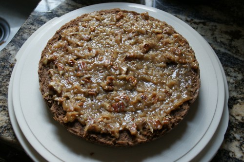 Even with the nuts and coconut, this frosting was easy to spread with an offset spatula