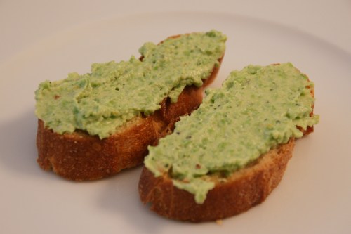 Intense pea flavor, bright lemon and mint, nutty parm and creamy ricotta contrasted on a crusty bit of bread-- these went really fast!