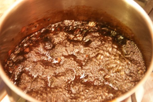 As the balsamic vinegar hits the heat, there will be an intense vinegar scent; this is OK!