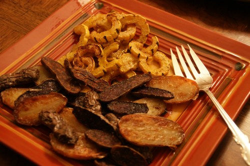 Fingerlings and delicata squash (just because I had it lying around-- Brussels sprout mash would have been better)!