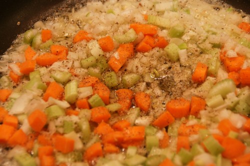 Just in the pan-- see how the vegetables still look hard?